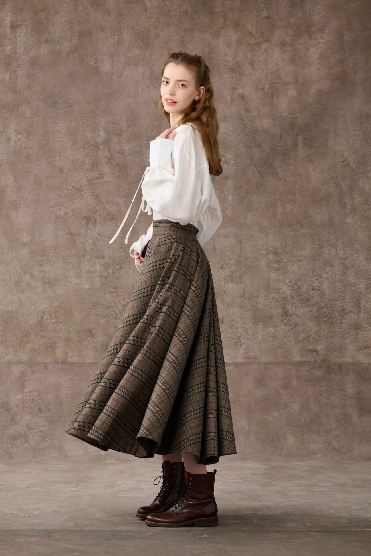 Brown Tartan Maxi Wool Skirt with Pockets