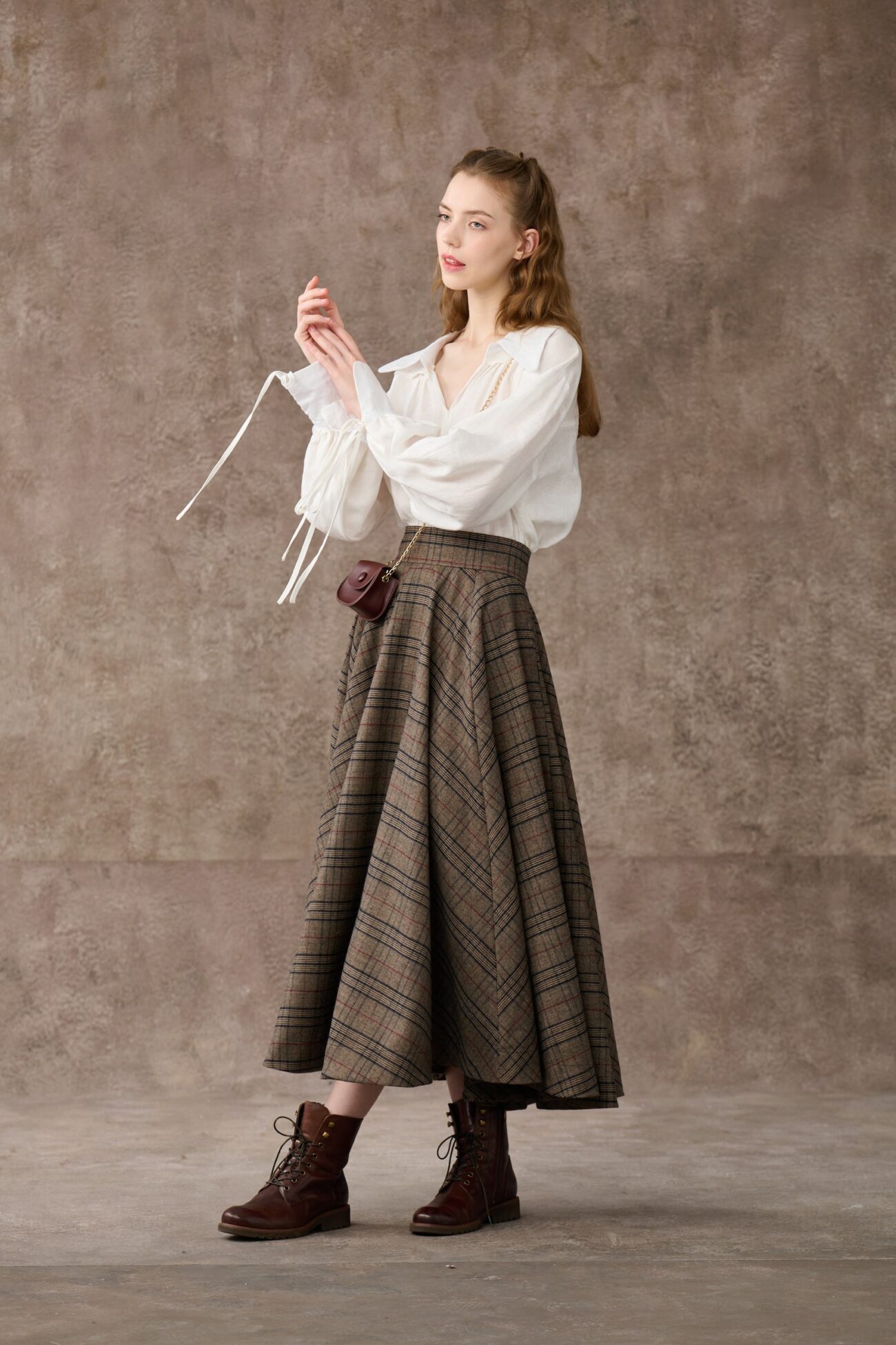 Brown Tartan Maxi Wool Skirt with Pockets