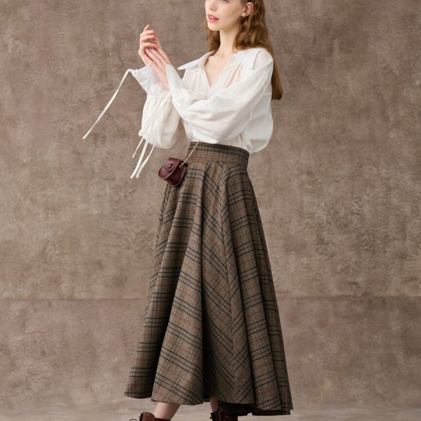 Brown Tartan Maxi Wool Skirt with Pockets