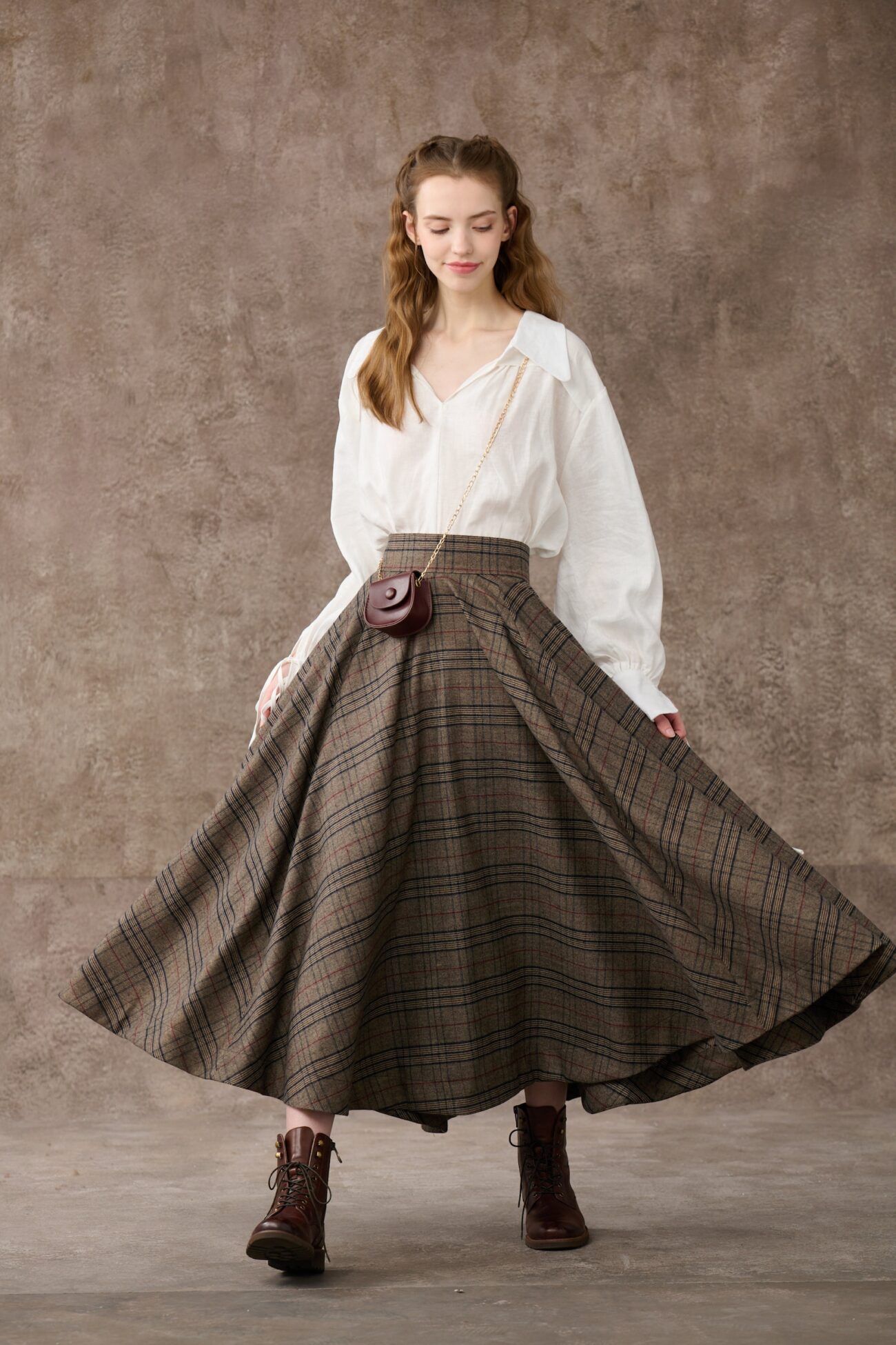 Brown Tartan Maxi Wool Skirt with Pockets