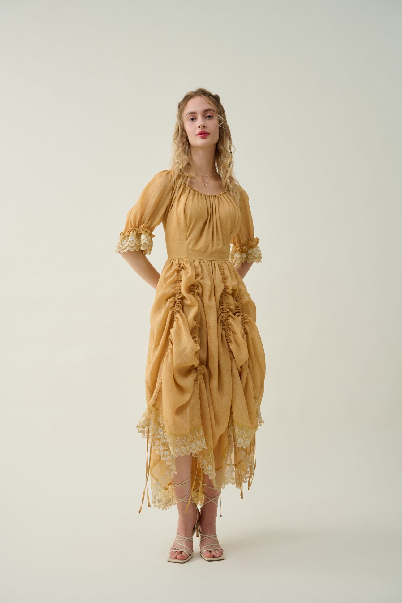 Jomastyle Mustard Ruffle Linen Lace Medieval Victorian French Gothic Evening Dress