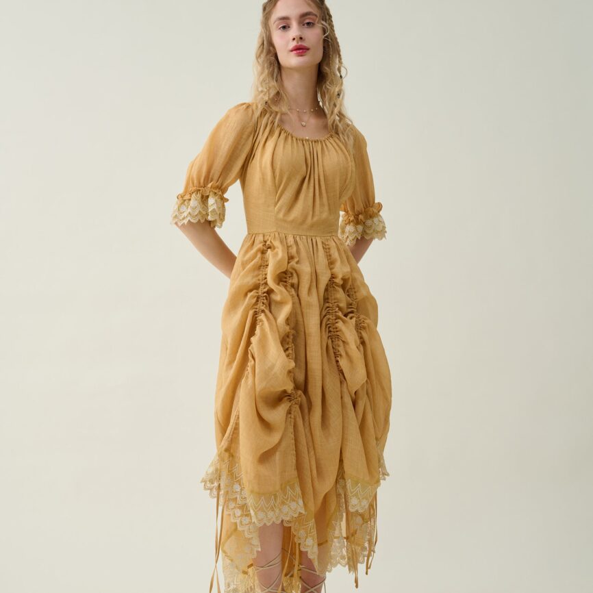 Jomastyle Mustard Ruffle Linen Lace Medieval Victorian French Gothic Evening Dress