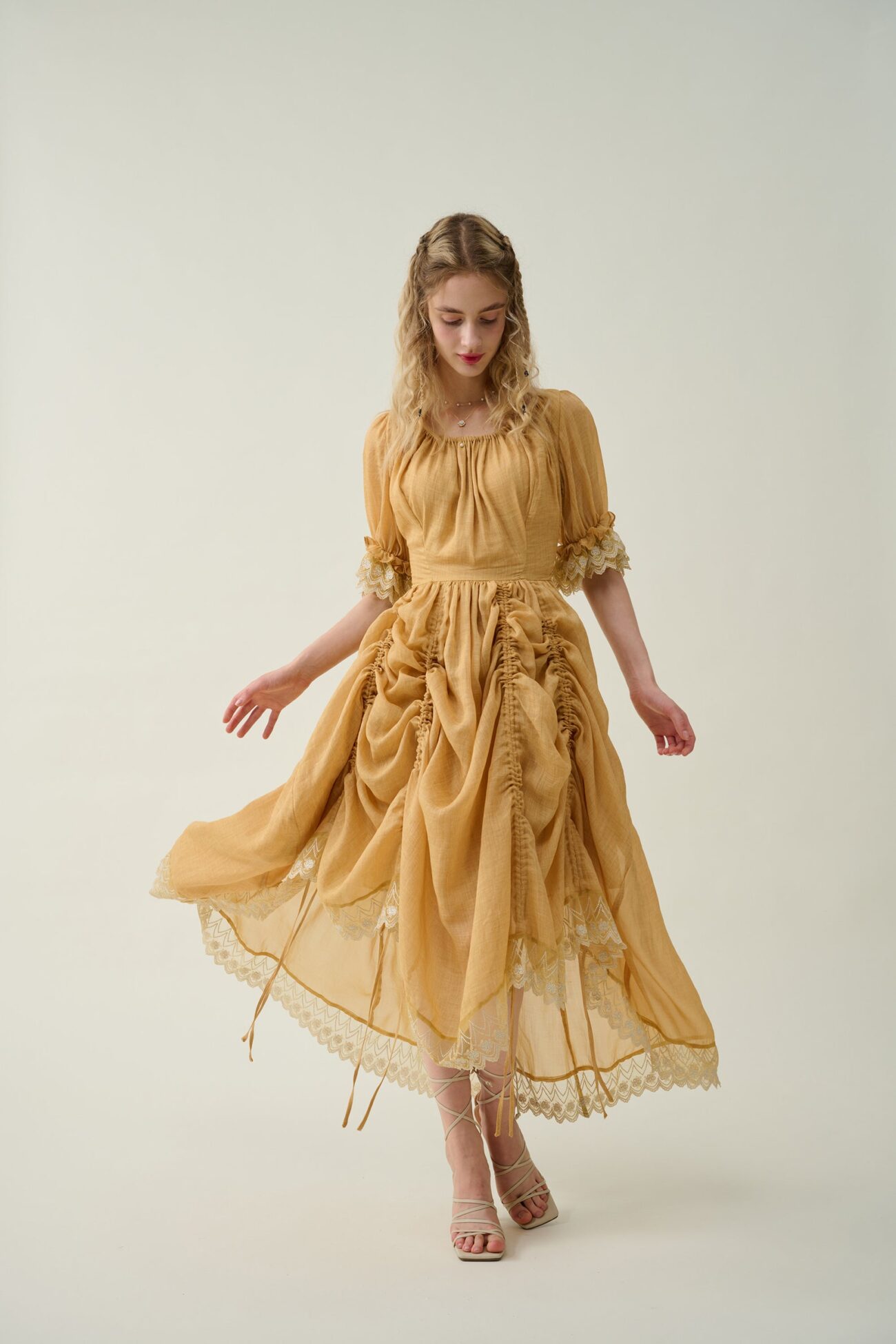 Jomastyle Mustard Ruffle Linen Lace Medieval Victorian French Gothic Evening Dress