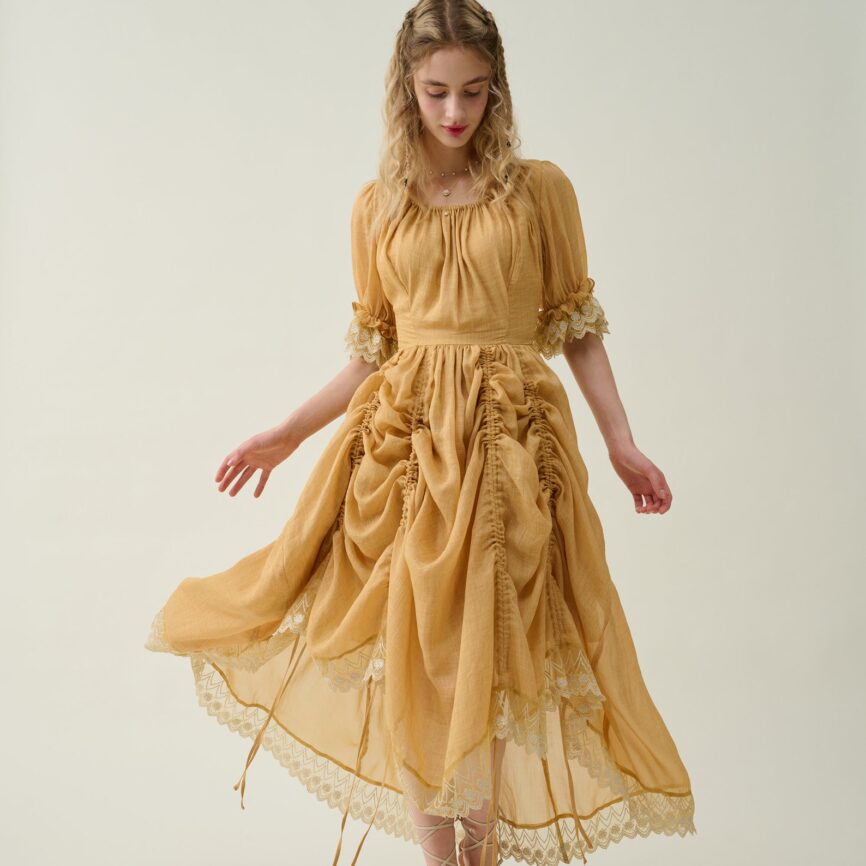 Jomastyle Mustard Ruffle Linen Lace Medieval Victorian French Gothic Evening Dress