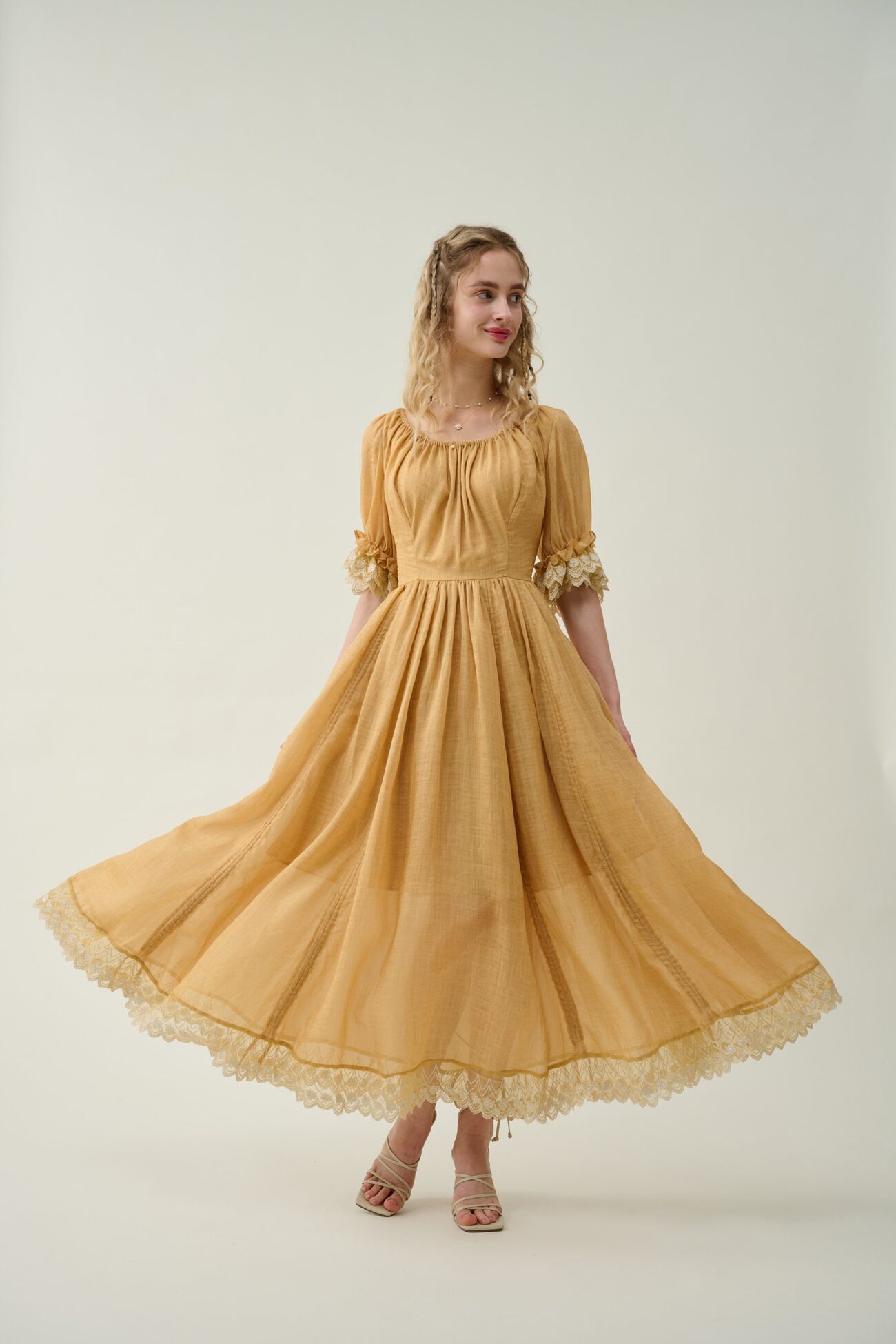 Jomastyle Mustard Ruffle Linen Lace Medieval Victorian French Gothic Evening Dress