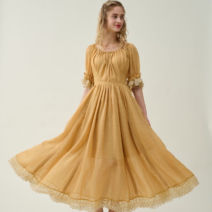 Jomastyle Mustard Ruffle Linen Lace Medieval Victorian French Gothic Evening Dress