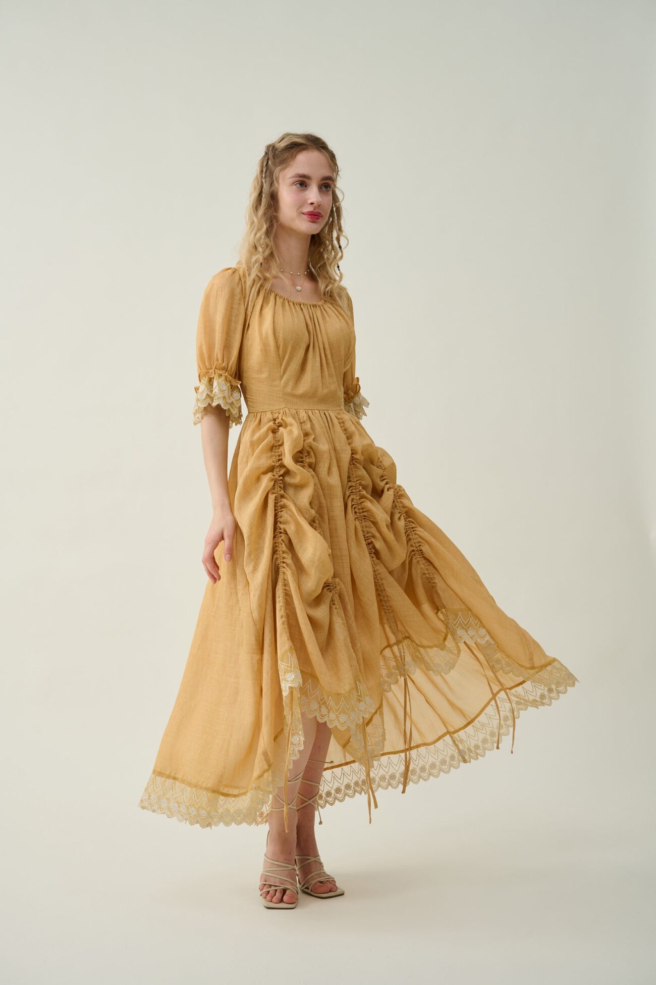 Jomastyle Mustard Ruffle Linen Lace Medieval Victorian French Gothic Evening Dress