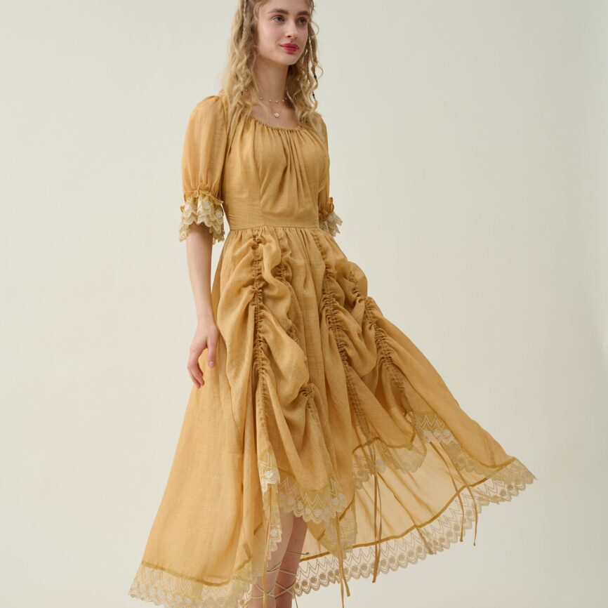 Jomastyle Mustard Ruffle Linen Lace Medieval Victorian French Gothic Evening Dress