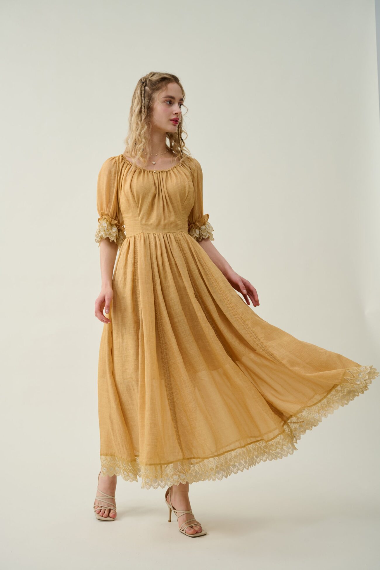 Jomastyle Mustard Ruffle Linen Lace Medieval Victorian French Gothic Evening Dress