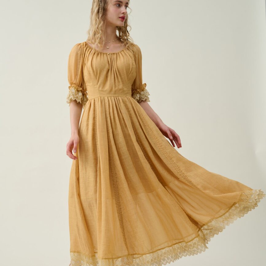 Jomastyle Mustard Ruffle Linen Lace Medieval Victorian French Gothic Evening Dress