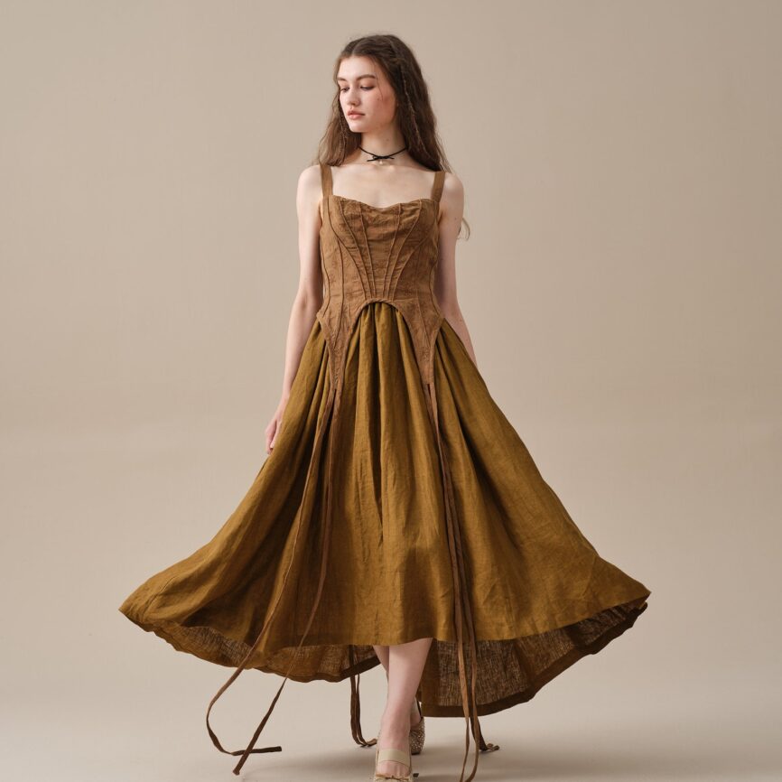 Jomastyle Olive Linen Vintage Rococo Dress