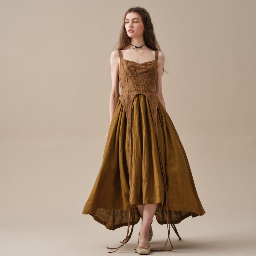 Jomastyle Olive Linen Vintage Rococo Dress