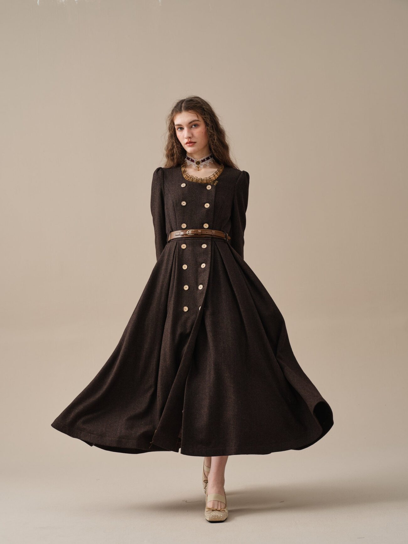 Elegant Vintage Brown Ruffle Wool Dress