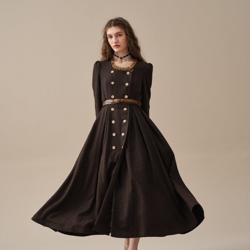 Elegant Vintage Brown Ruffle Wool Dress