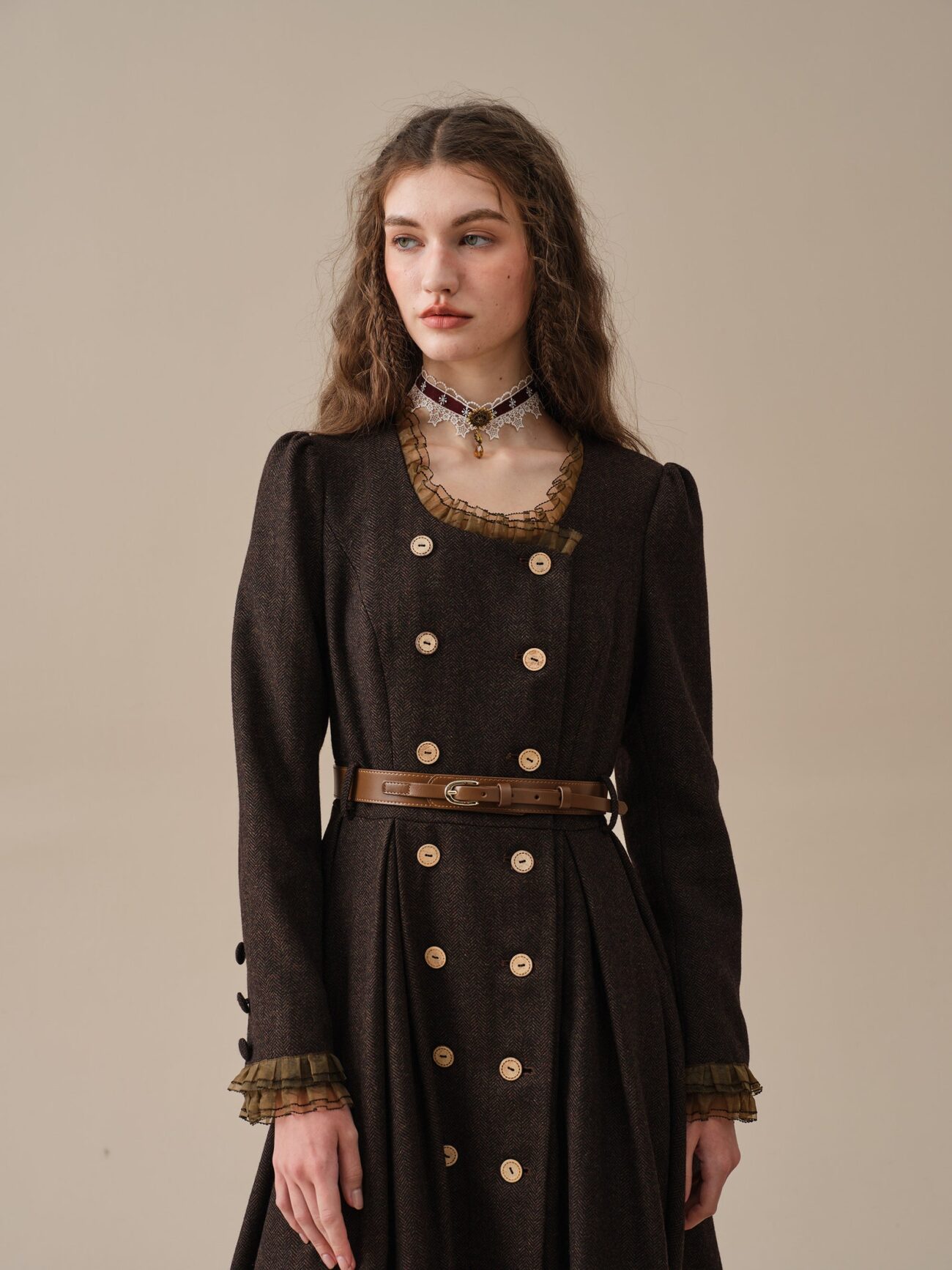 Elegant Vintage Brown Ruffle Wool Dress