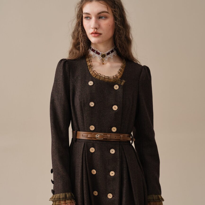 Elegant Vintage Brown Ruffle Wool Dress