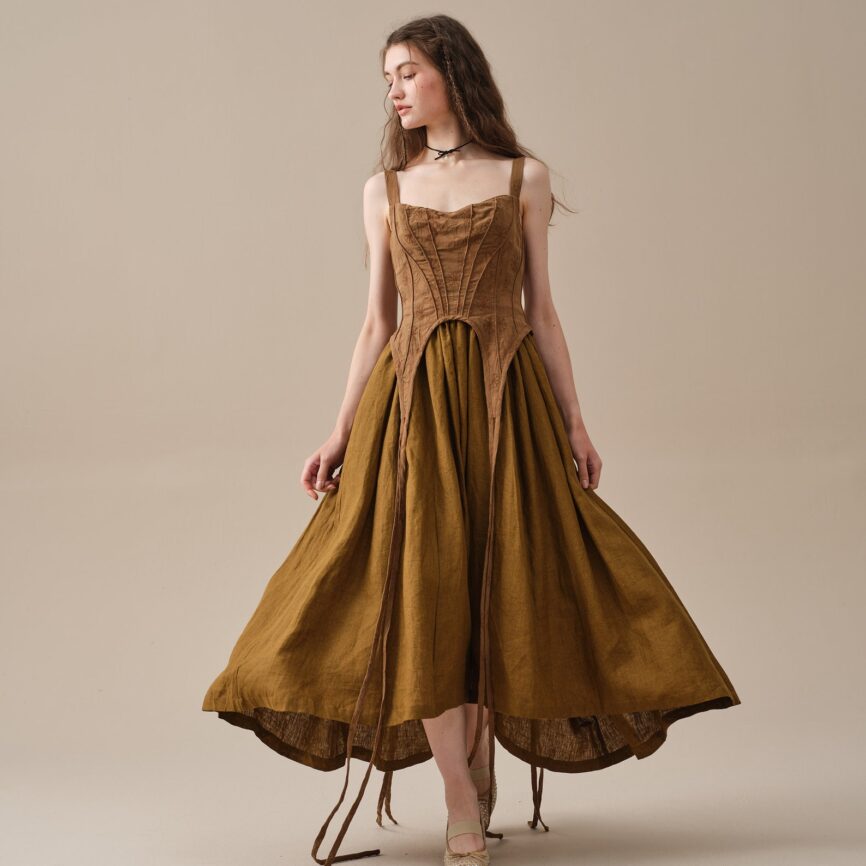 Jomastyle Olive Linen Vintage Rococo Dress