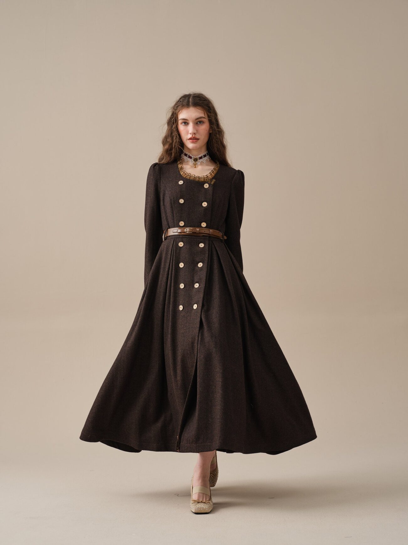 Elegant Vintage Brown Ruffle Wool Dress