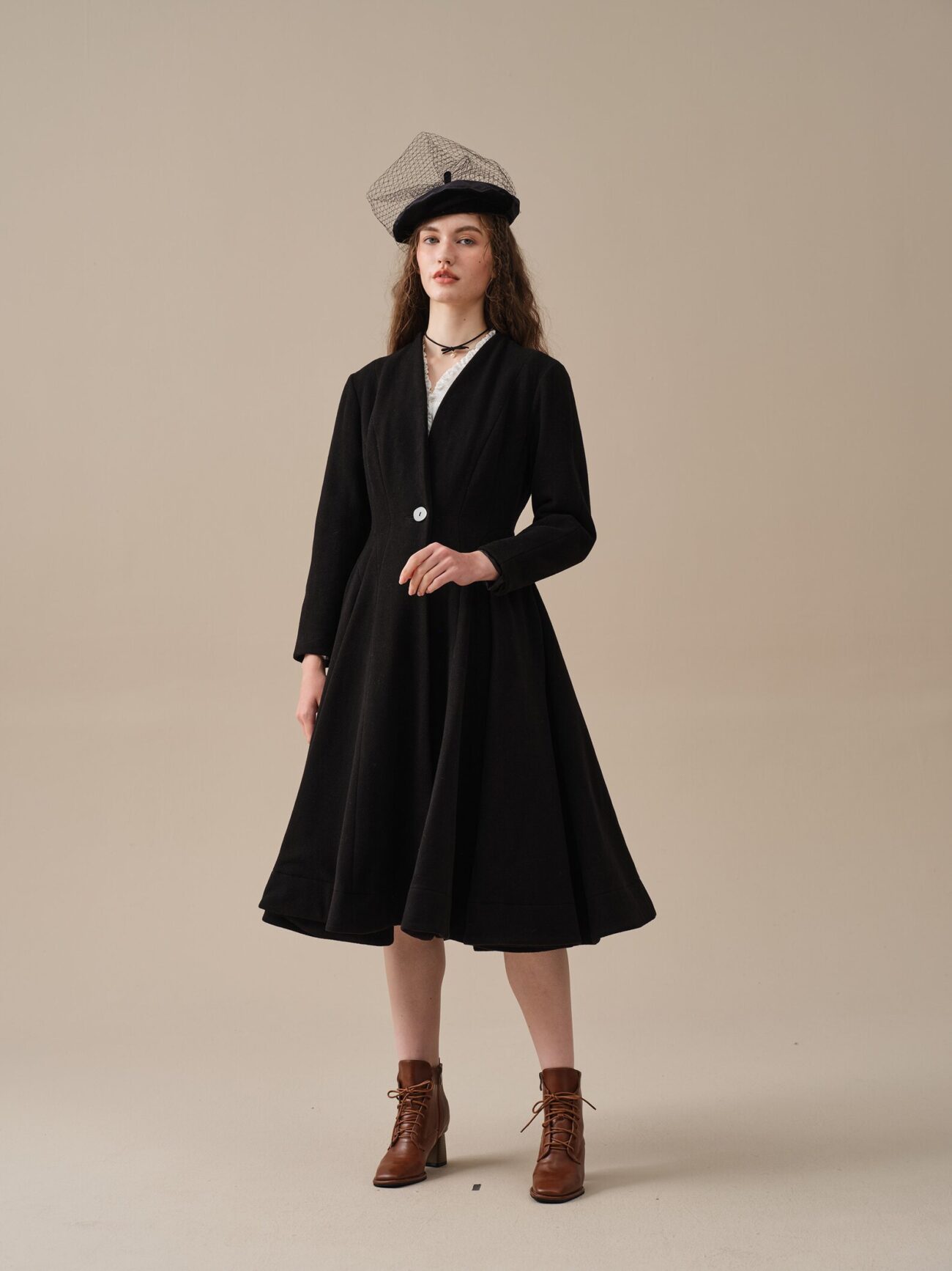 Jomastyle Black Midi Wool Coat Flared 1950s Style