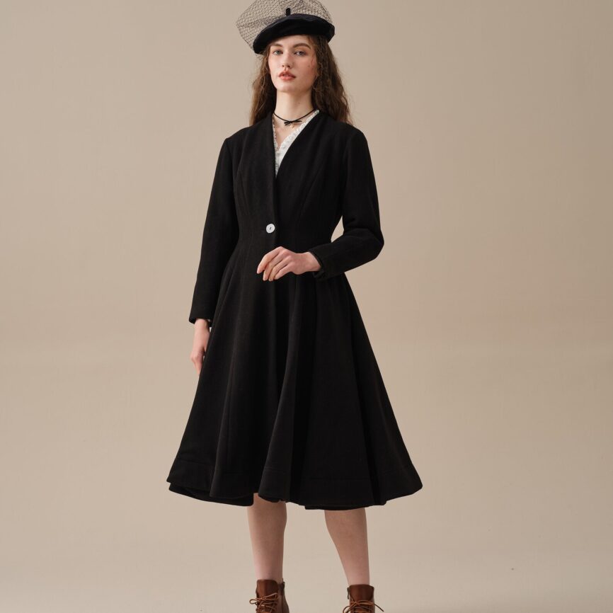 Jomastyle Black Midi Wool Coat Flared 1950s Style