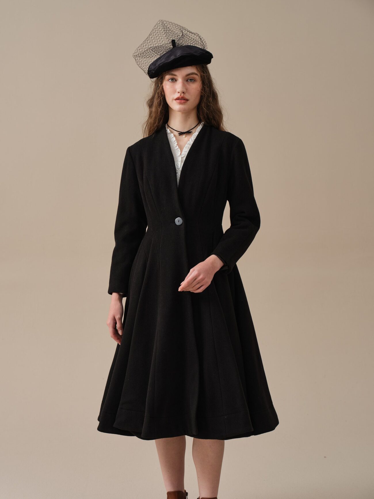 Jomastyle Black Midi Wool Coat Flared 1950s Style