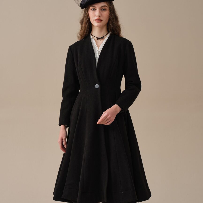 Jomastyle Black Midi Wool Coat Flared 1950s Style