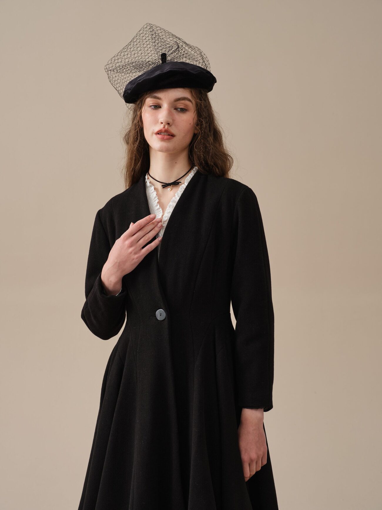 Jomastyle Black Midi Wool Coat Flared 1950s Style