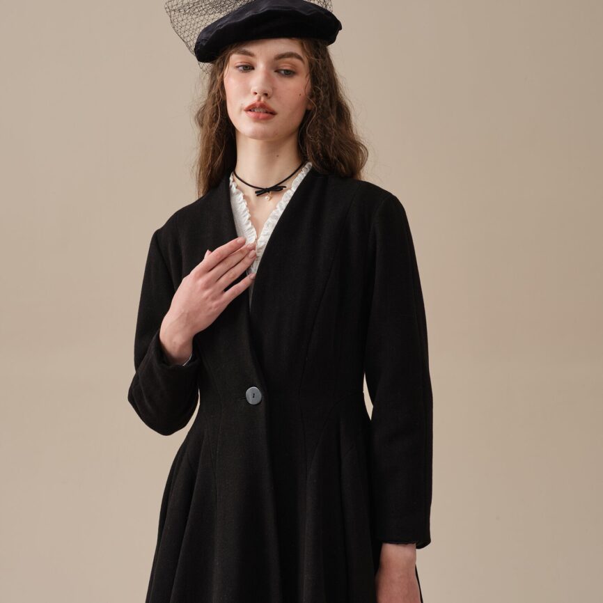 Jomastyle Black Midi Wool Coat Flared 1950s Style