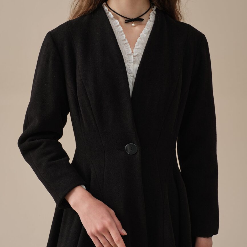 Jomastyle Black Midi Wool Coat Flared 1950s Style