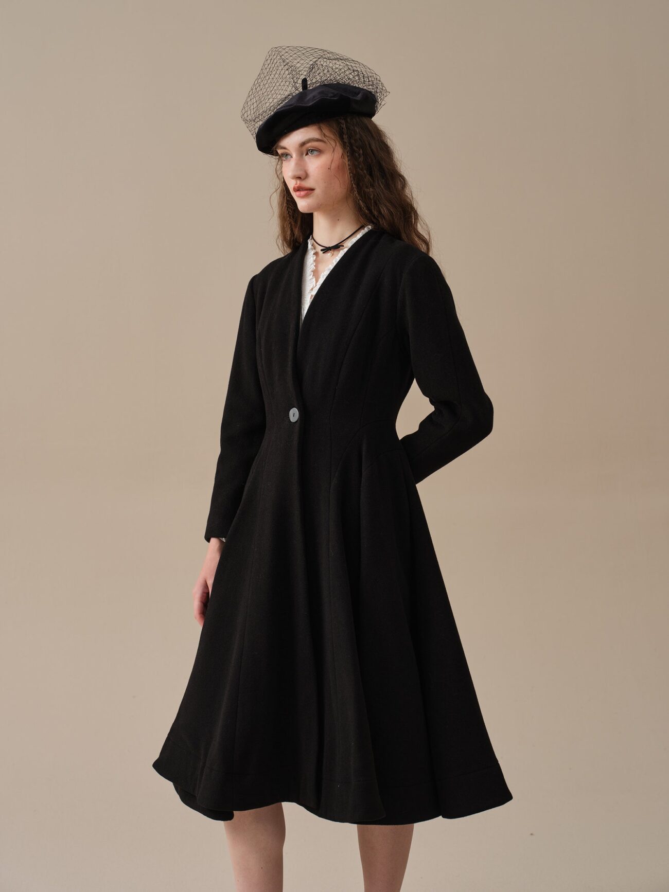 Jomastyle Black Midi Wool Coat Flared 1950s Style