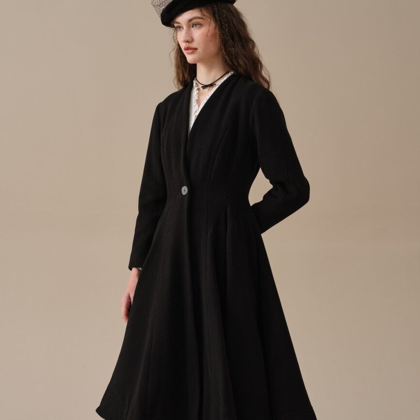 Jomastyle Black Midi Wool Coat Flared 1950s Style