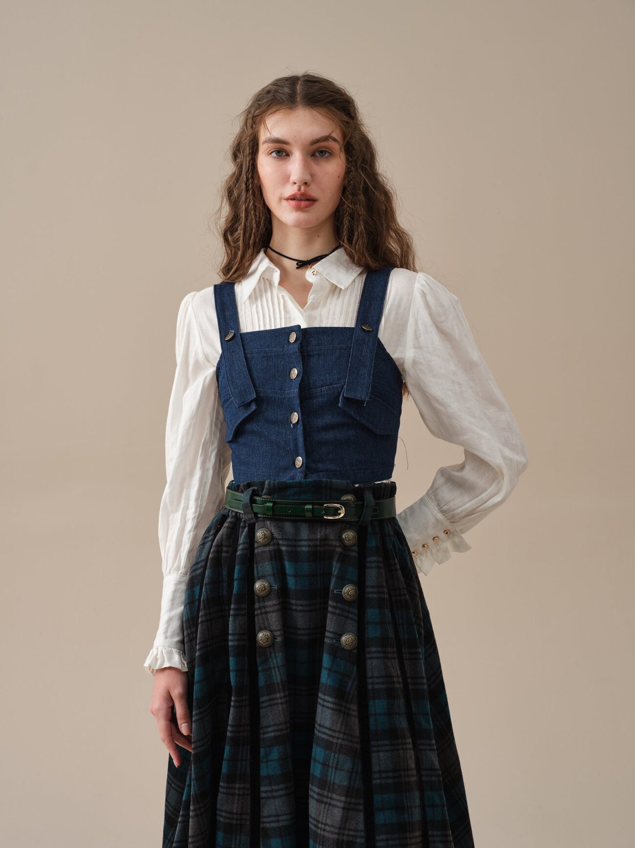 Midnight Blue Tartan Midi Wool Skirt with Pockets