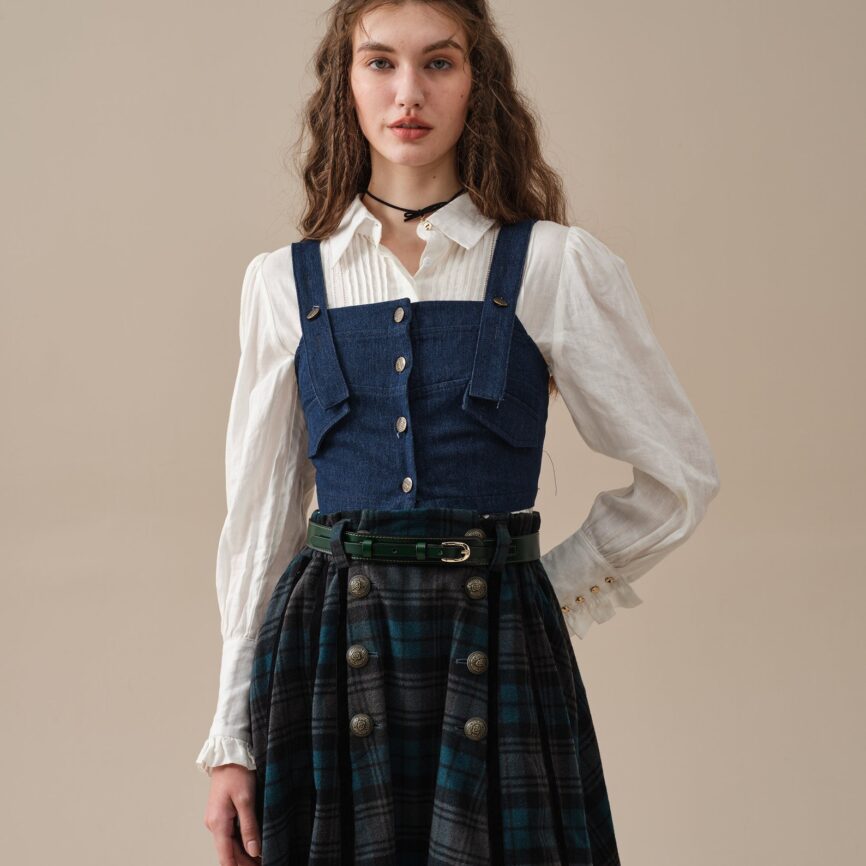 Midnight Blue Tartan Midi Wool Skirt with Pockets