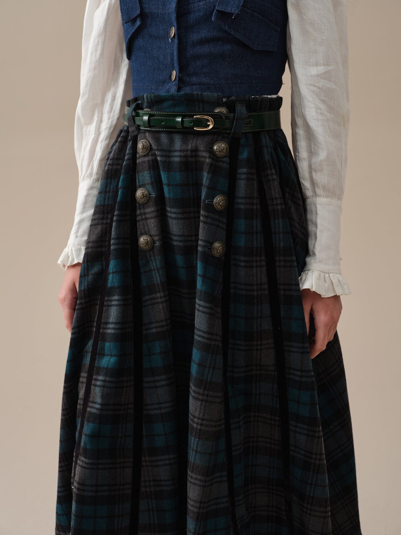 Midnight Blue Tartan Midi Wool Skirt with Pockets