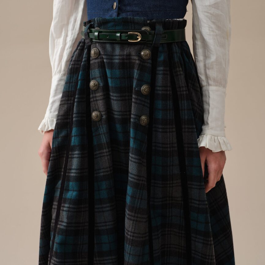 Midnight Blue Tartan Midi Wool Skirt with Pockets