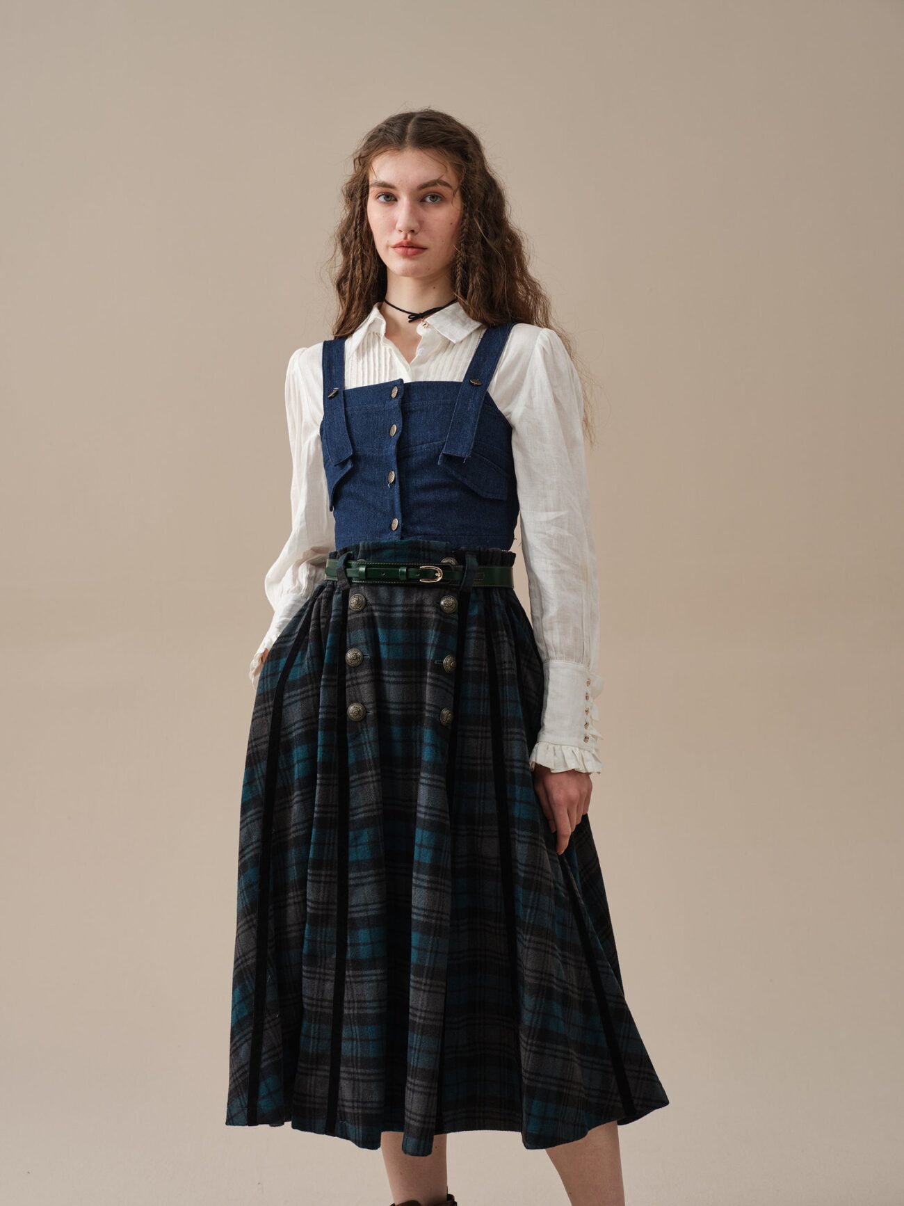 Midnight Blue Tartan Midi Wool Skirt with Pockets