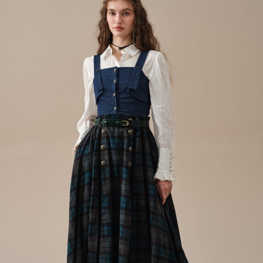 Midnight Blue Tartan Midi Wool Skirt with Pockets