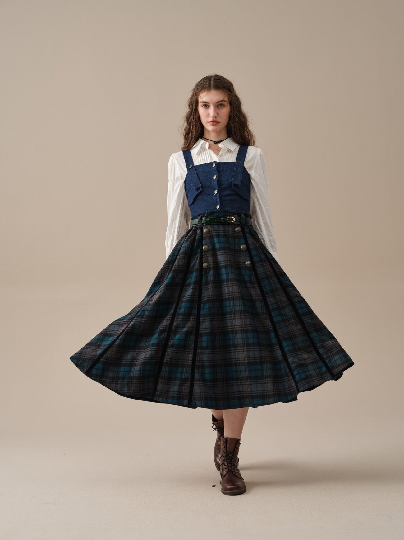 Midnight Blue Tartan Midi Wool Skirt with Pockets