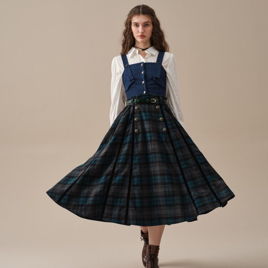 Midnight Blue Tartan Midi Wool Skirt with Pockets