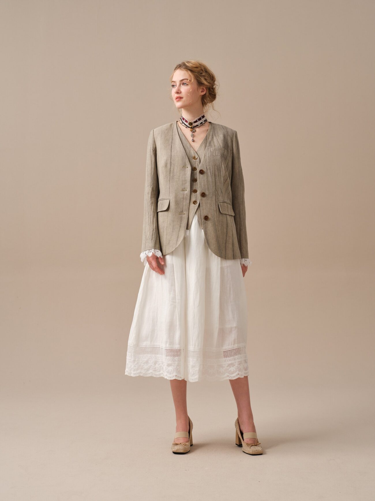 Jomastyle Hazel Green Linen Blazer Coat with Vest