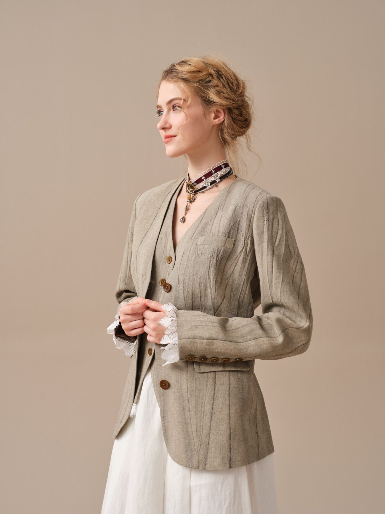 Jomastyle Hazel Green Linen Blazer Coat with Vest