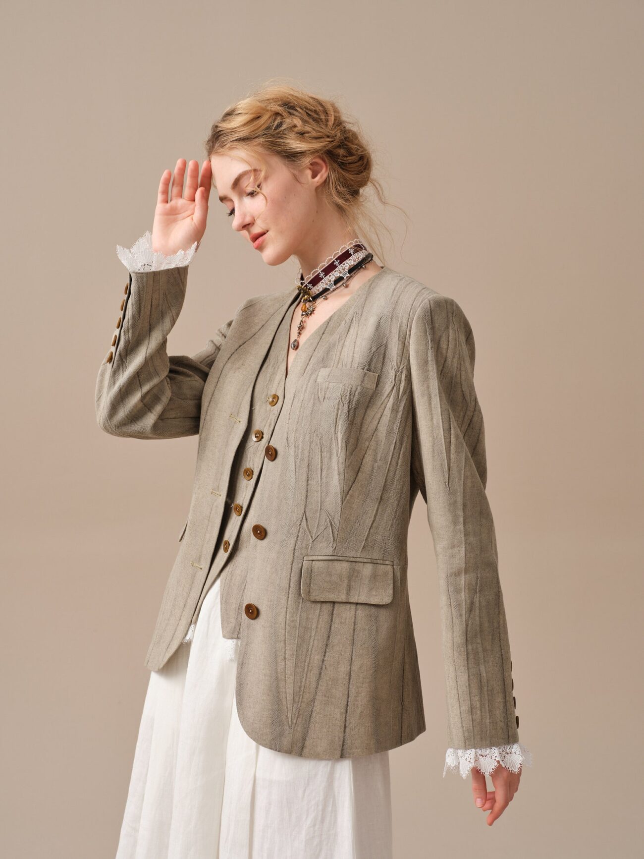 Jomastyle Hazel Green Linen Blazer Coat with Vest