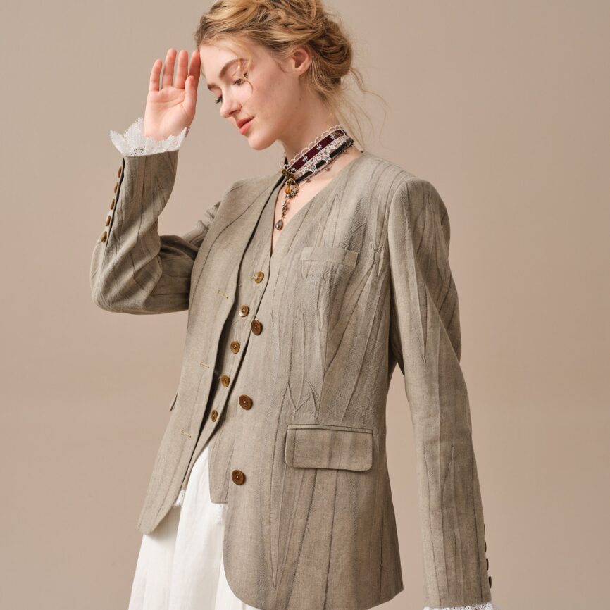 Jomastyle Hazel Green Linen Blazer Coat with Vest