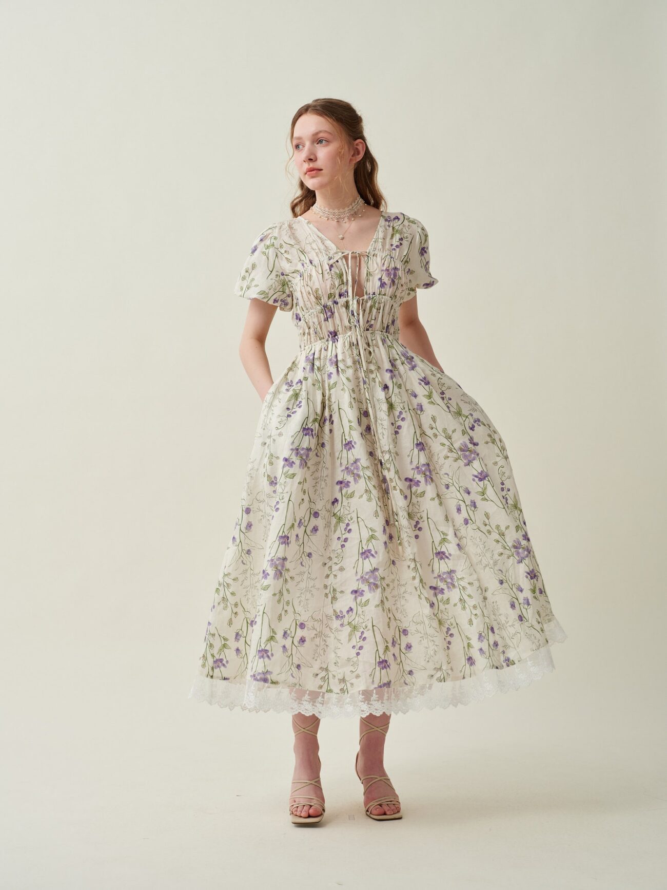 Jomastyle Floral Linen Shirred Dress in Violet