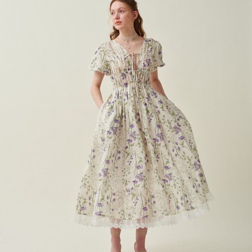 Jomastyle Floral Linen Shirred Dress in Violet