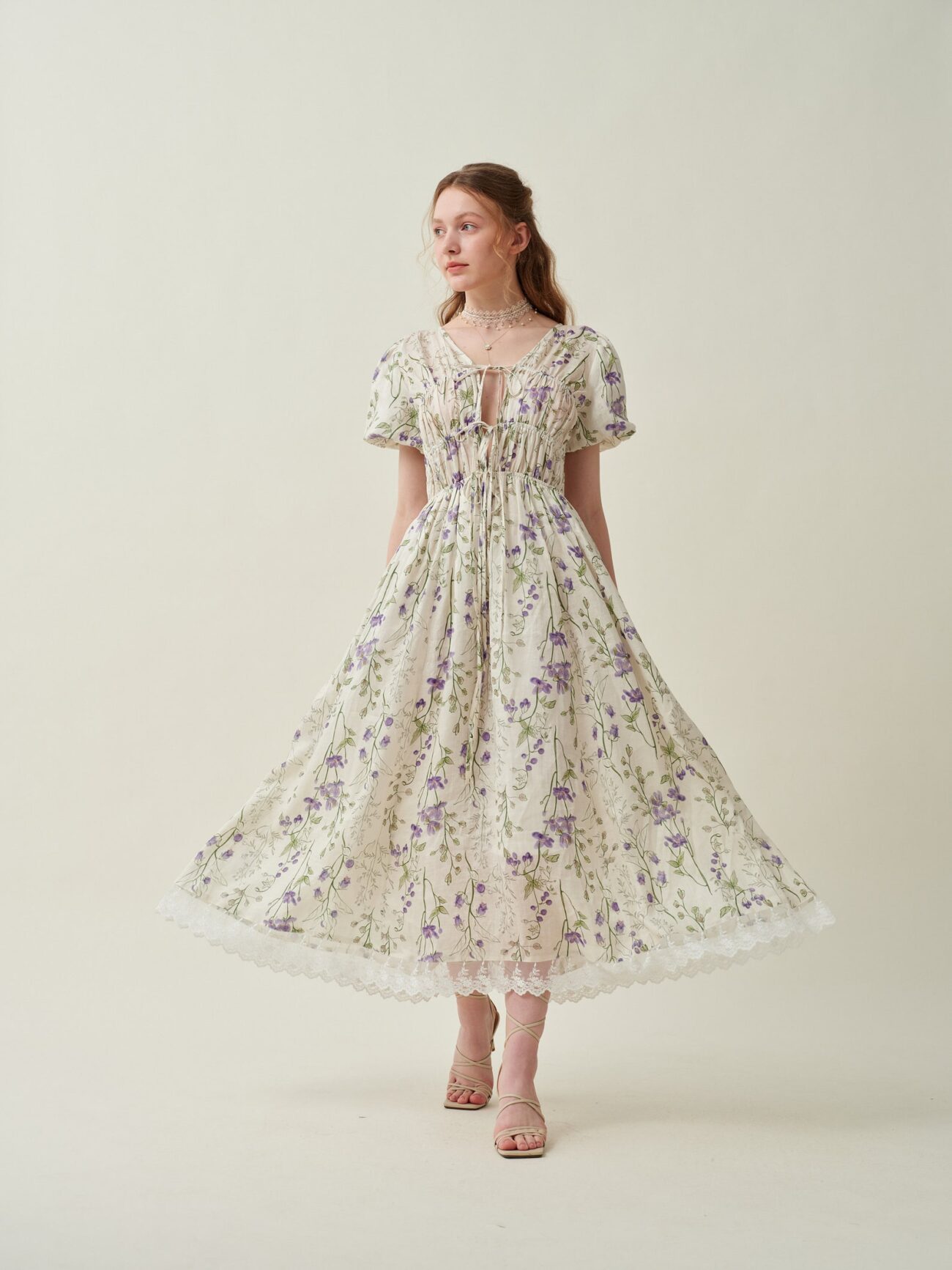 Jomastyle Floral Linen Shirred Dress in Violet