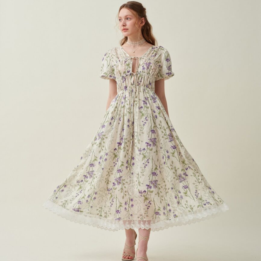 Jomastyle Floral Linen Shirred Dress in Violet