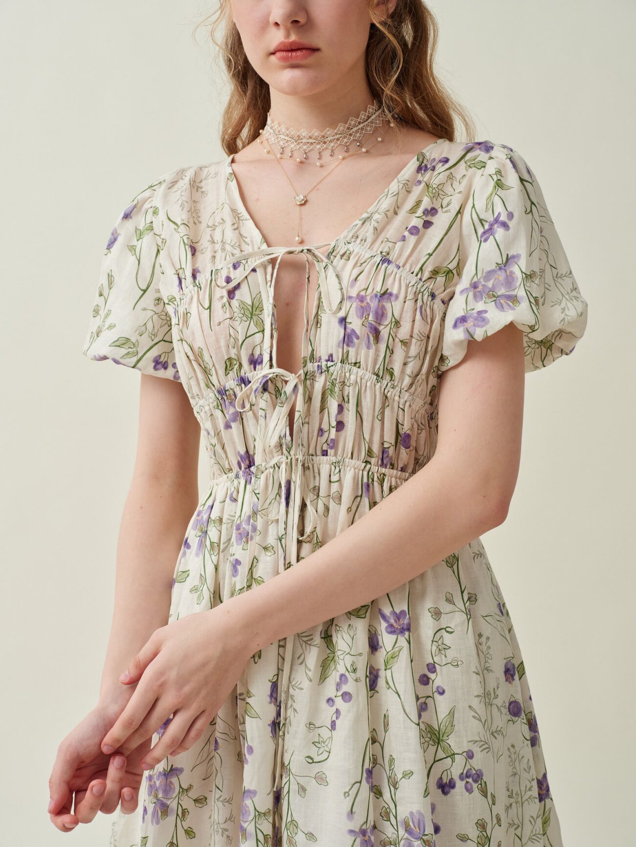 Jomastyle Floral Linen Shirred Dress in Violet