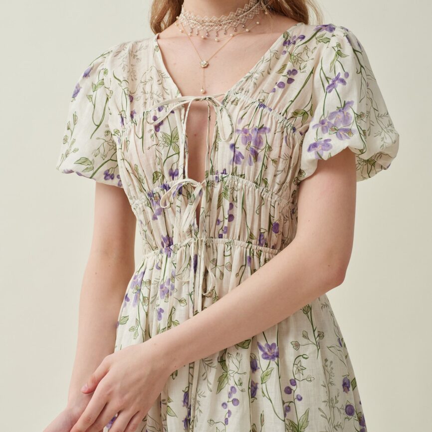 Jomastyle Floral Linen Shirred Dress in Violet