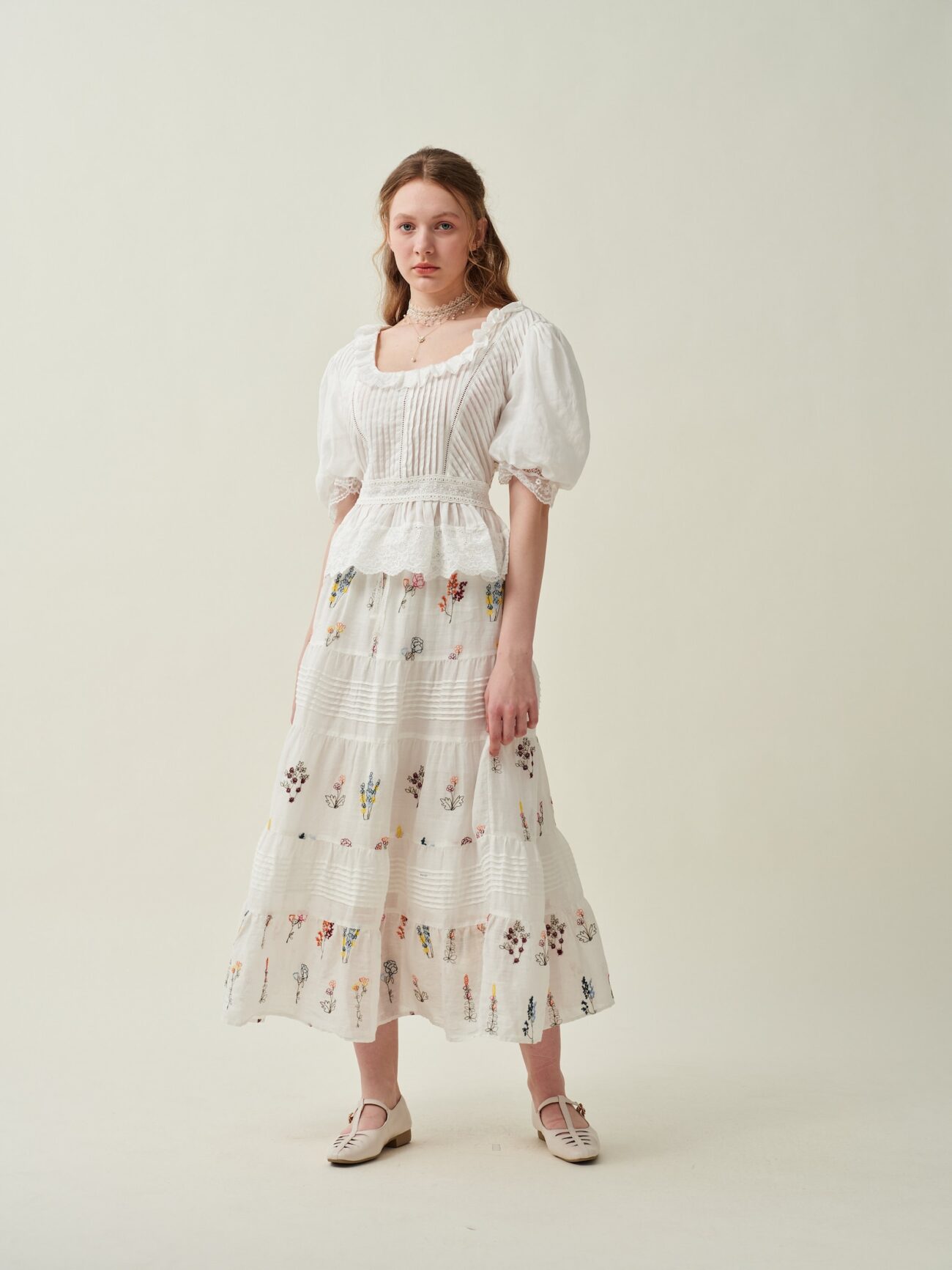 Jomastyle Floral Embroidered Linen Midi Skirt